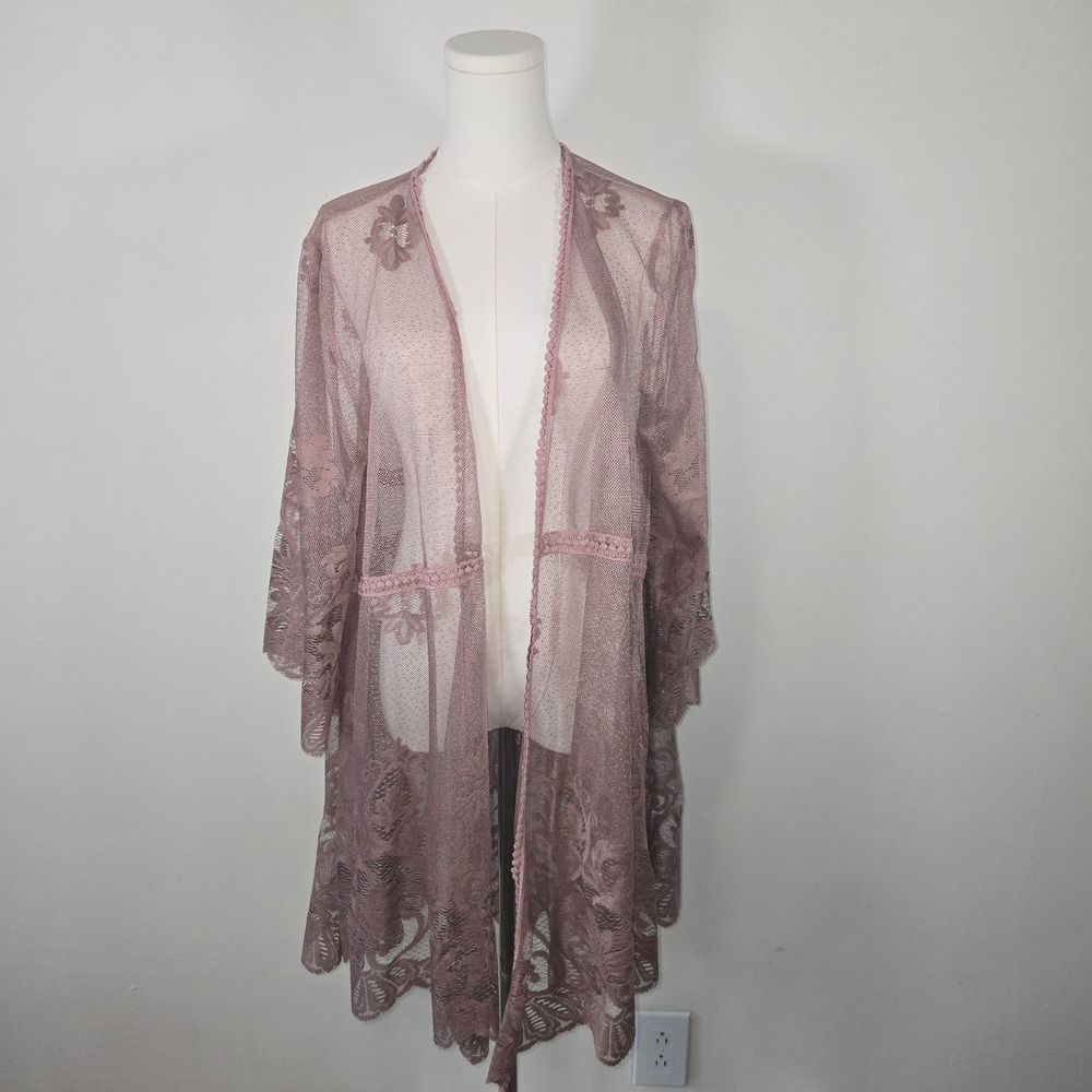 She + Sky Kimono Cardigan Women 1XL Mauve Floral Lace Sheer Boho PSL3651